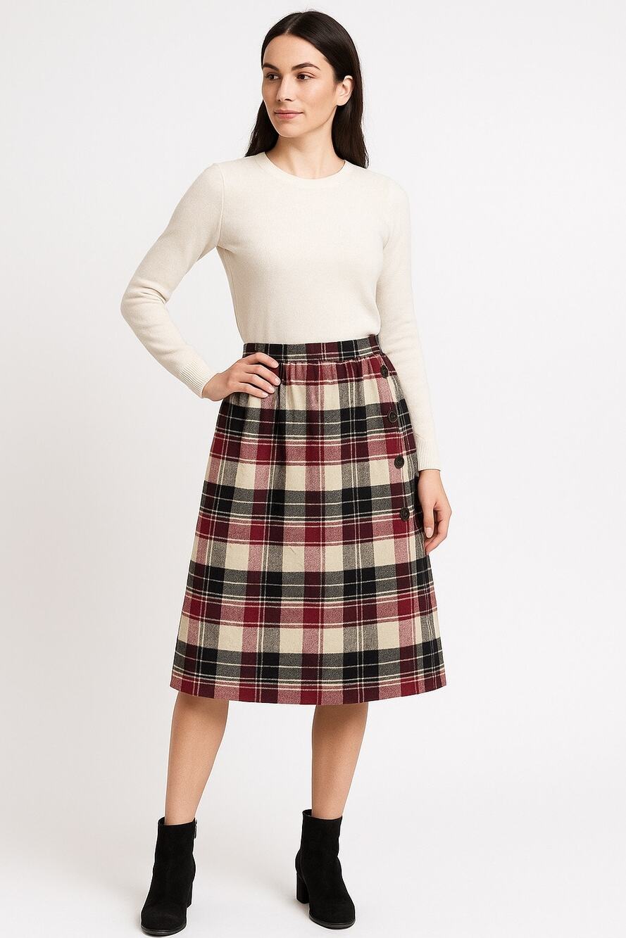 1980s American Plaid Wool-Blend Midi Skirt w/ Side Buttons
 size medium